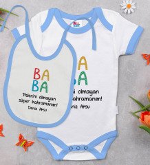BK Kids Kişiye Özel Baba Tasarımlı Mavi Bebek Body Zıbın ve Mama Önlüğü Hediye Seti