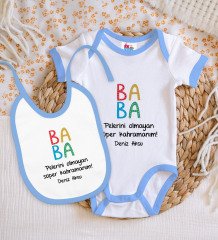 BK Kids Kişiye Özel Baba Tasarımlı Mavi Bebek Body Zıbın ve Mama Önlüğü Hediye Seti