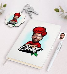 Kişiye Özel Erkek Chef Karikatürlü Beyaz Defter Kalem ve Anahtarlık Hediye Seti-10