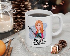Kişiye Özel Kadın Gitarist Karikatürlü Beyaz Kupa Bardak-1