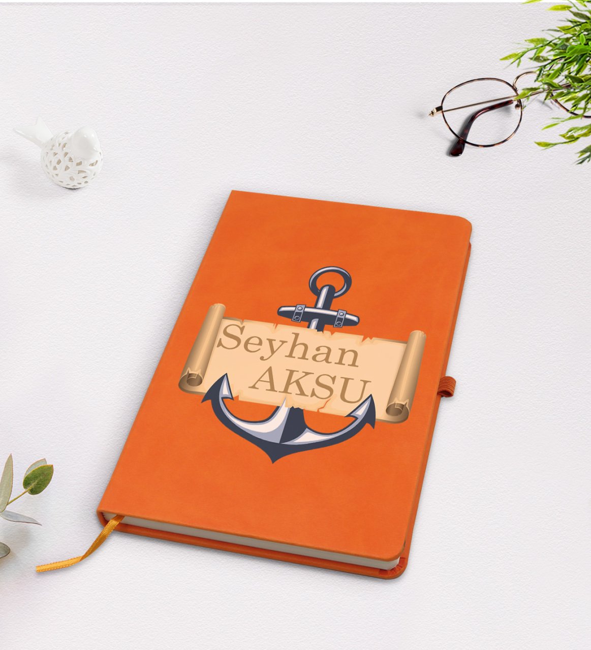 Kişiye Özel Çapa Tasarımlı Turuncu Termo Deri Defter Model 3
