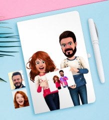 Kişiye Özel Sevgililer Animasyon Karikatürlü Beyaz Defter ve Kalem Hediye Seti-33
