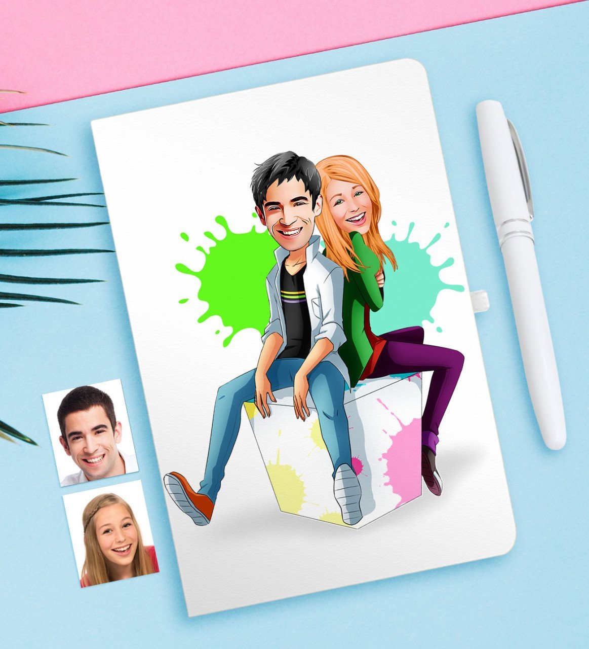 Kişiye Özel Sevgililer Karikatürlü Beyaz Defter ve Kalem Hediye Seti-35