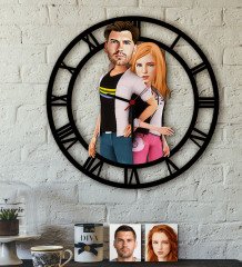 Kişiye Özel Sevgililer Karikatürlü Ahşap Duvar Saati-39