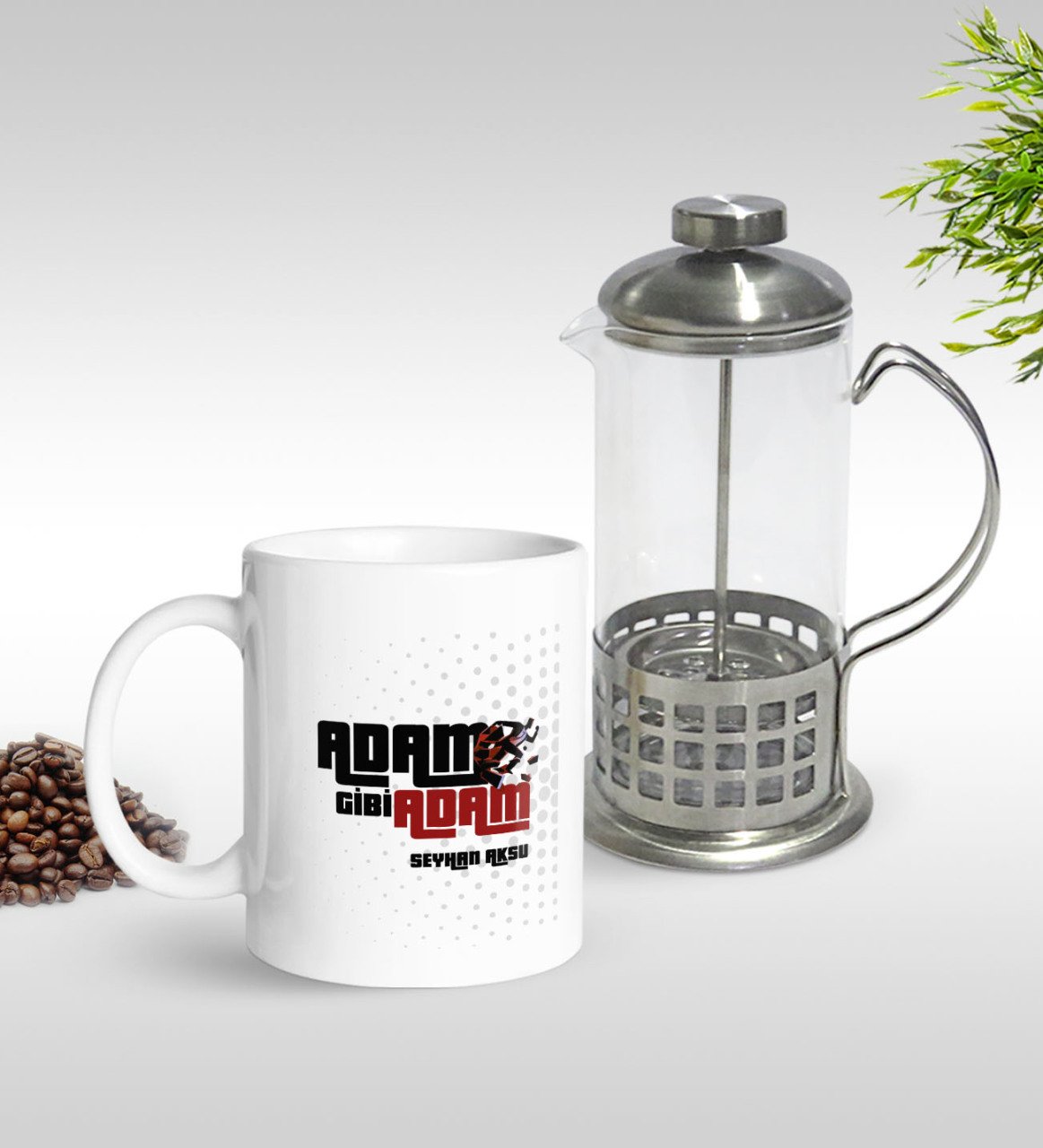 Kişiye Özel Adam Gibi Adam Tasarımlı Kupa & French Press Seti-1