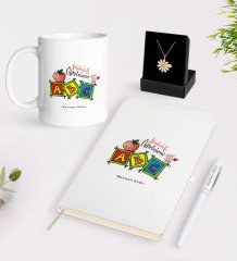Kişiye Özel Anasınıfı Öğretmeni Beyaz Kupa Defter Kalem ve İsimli Papatya Kolye Hediye Seti-1