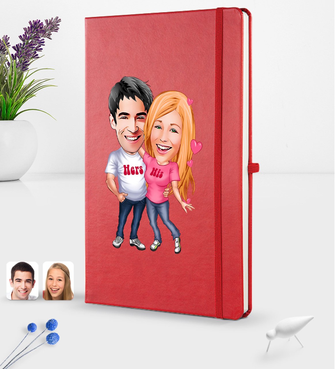 Kişiye Özel Sevgililer Karikatürlü Karikatürlü Kırmızı Termo Deri Defter 16x24cm Model 5