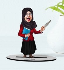 Kişiye Özel Tesettürlü Kadın Öğretmen Karikatürlü Ahşap Biblo Model-2