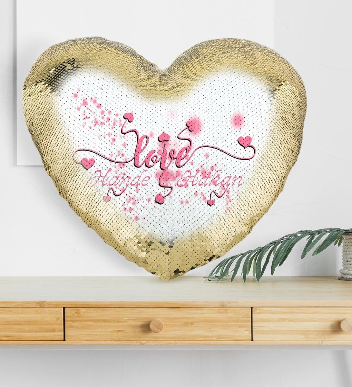 Kişiye Özel Sevgililer Günü Altın Yaldız Sihirli Kalp Yastık - 14