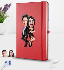 Kişiye Özel Sevgililer Karikatürlü Karikatürlü Kırmızı Termo Deri Defter 16x24cm Model 6