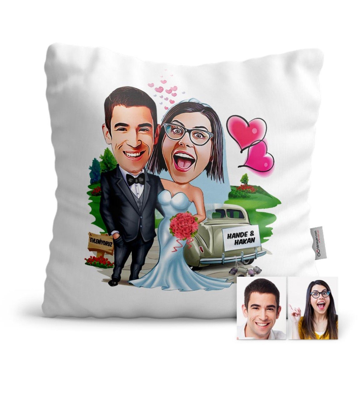 Kişiye Özel Evleniyoruz Karikatür Saten Yastık - 1