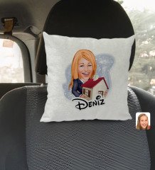 Kişiye Özel İsimli Kadın Emlakçı Karikatürlü Kare Araç Koltuk Yastığı-1