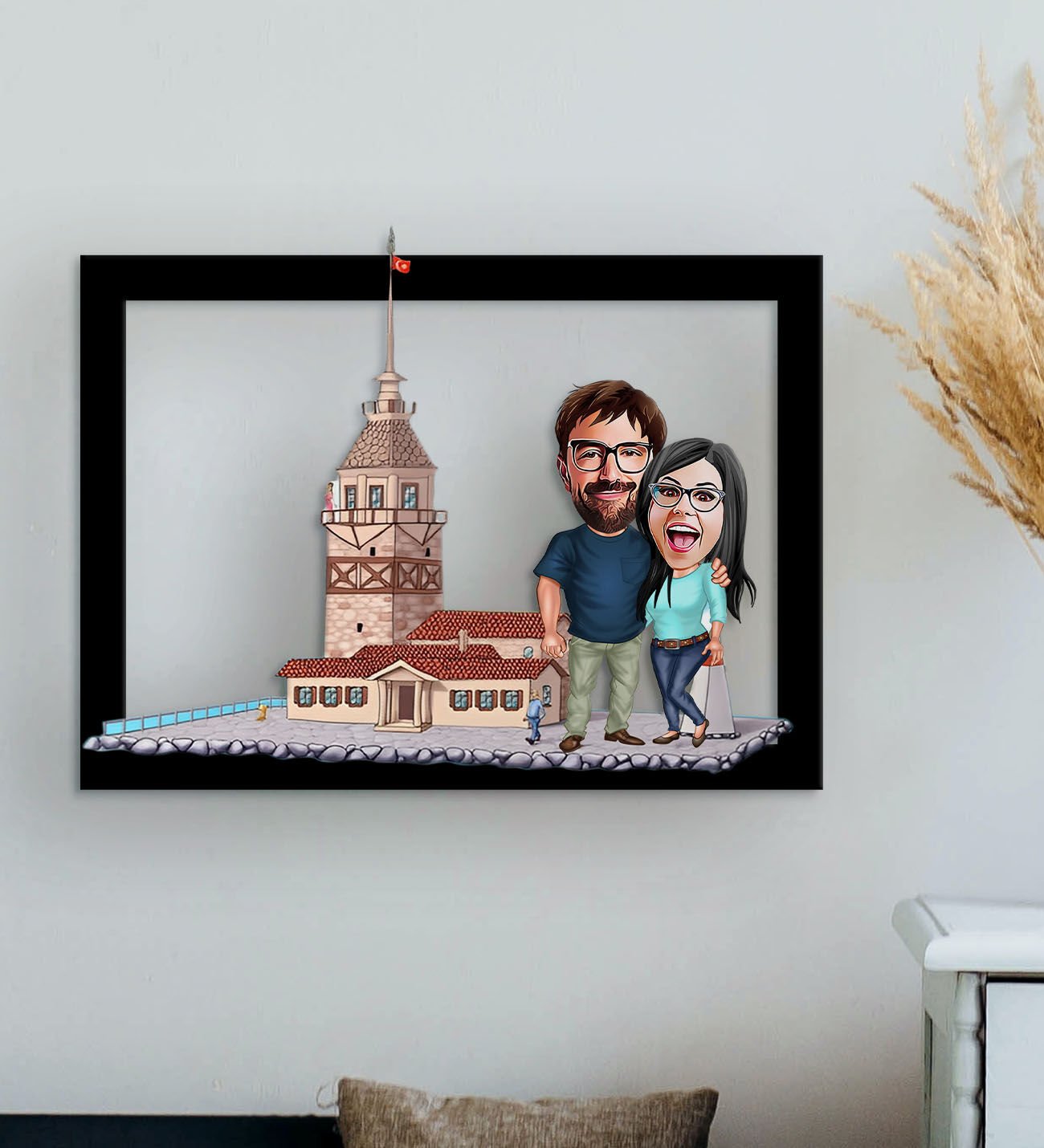 BK Gift Kişiye Özel Sevgililer Kız Kulesi Karikatürlü 3D Ahşap Tablo-1