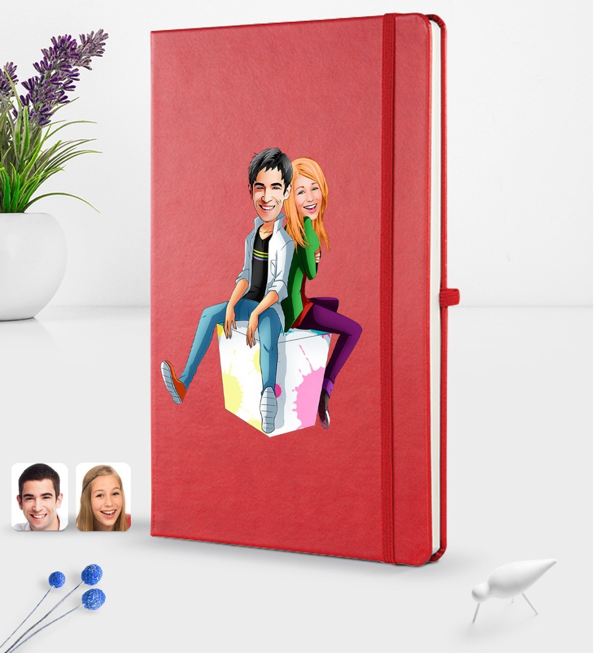 Kişiye Özel Sevgililer Karikatürlü Karikatürlü Kırmızı Termo Deri Defter 16x24cm Model 35