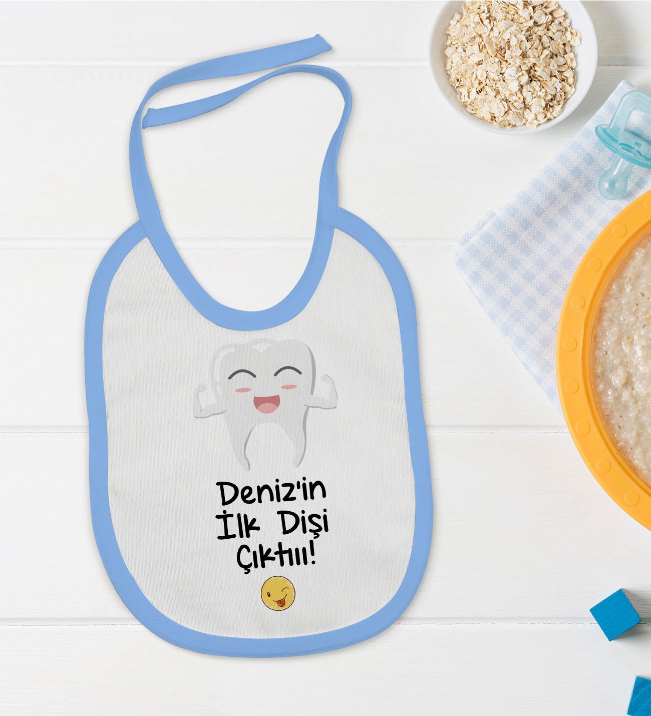 BK Kids Kişiye Özel Mavi Bebek Mama Önlüğü - Model 92