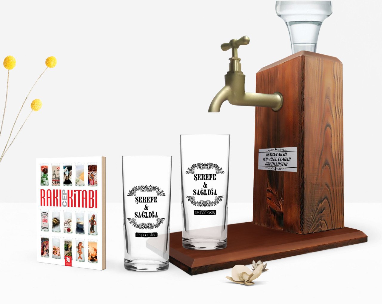 Kişiye Özel Renkli Baskılı Şerefe ve Sağlığa Tasarımlı İkili Rakı Bardağı Ahşap Rakı Standı ve Cep Kitabı Hediye Seti-1