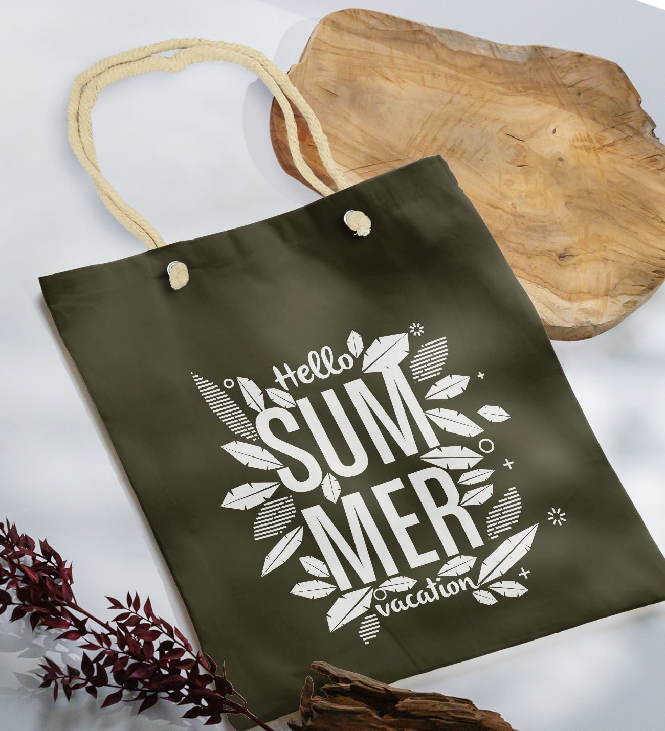 BK Gift Yaz Temalı Haki Halat Saplı Kumaş Plaj Çantası -1, Baskılı Omuz Çantası, Alışveriş Çantası, Arkadaşa Hediye, Sevgiliye Hediye