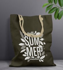BK Gift Yaz Temalı Haki Halat Saplı Kumaş Plaj Çantası -1, Baskılı Omuz Çantası, Alışveriş Çantası, Arkadaşa Hediye, Sevgiliye Hediye