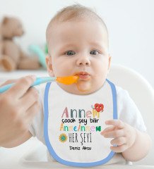 BK Kids Kişiye Özel Annem Çok Şey Bilir Tasarımlı Mavi Bebek Body Zıbın ve Mama Önlüğü Hediye Seti
