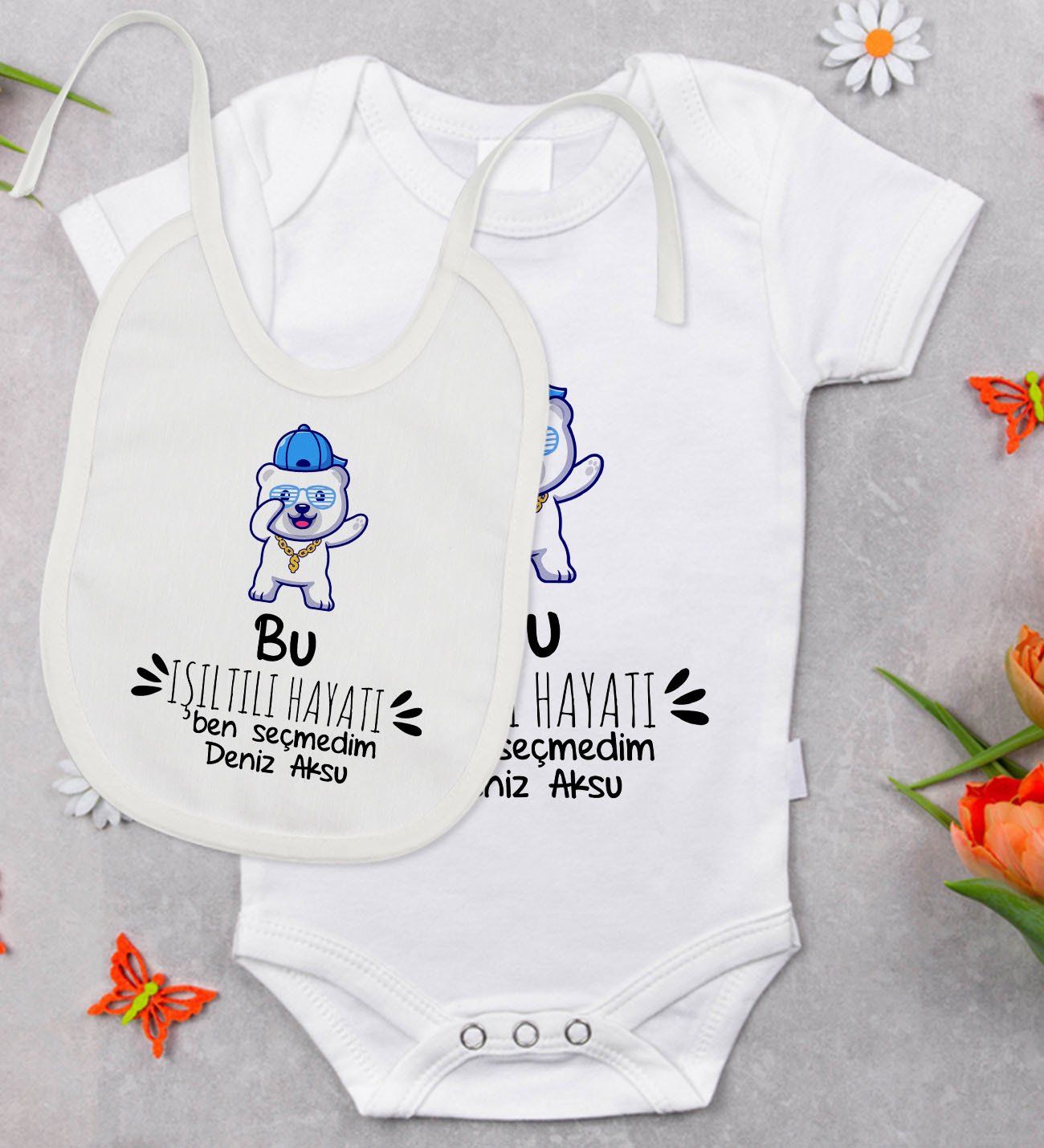 BK Kids Kişiye Özel Işıltılı Hayatı Ben Seçmedim Tasarımlı Bebek Body Zıbın ve Mama Önlüğü Hediye Seti - Model 1