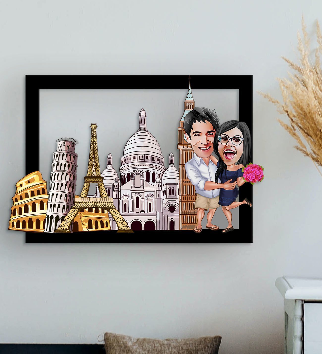 BK Gift Kişiye Özel Gezgin Sevgililer Karikatürlü 3D Ahşap Tablo-1