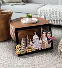 BK Gift Kişiye Özel Gezgin Sevgililer Karikatürlü 3D Ahşap Tablo-1
