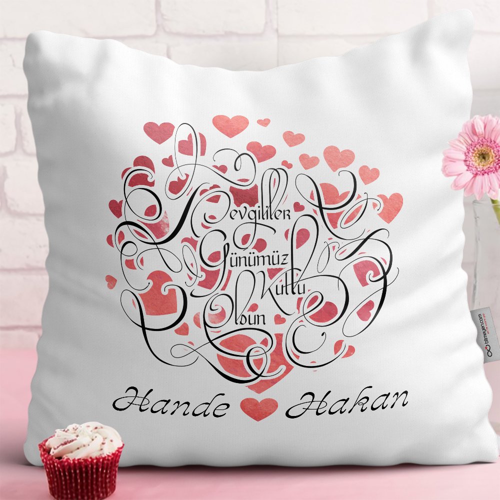 Kişiye Özel Sevgililer Günü Tasarımlı Beyaz Yastık - 1
