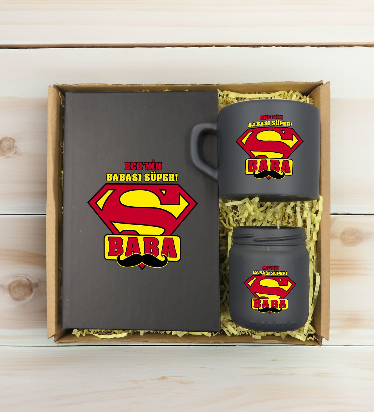 BK Gift Kişiye Özel İsimli DTF Baba Temalı Antrasit Defter & Kahve Fincanı & Mum Hediye Seti-2, Babaya Hediye, Babalar Günü Hediyeleri