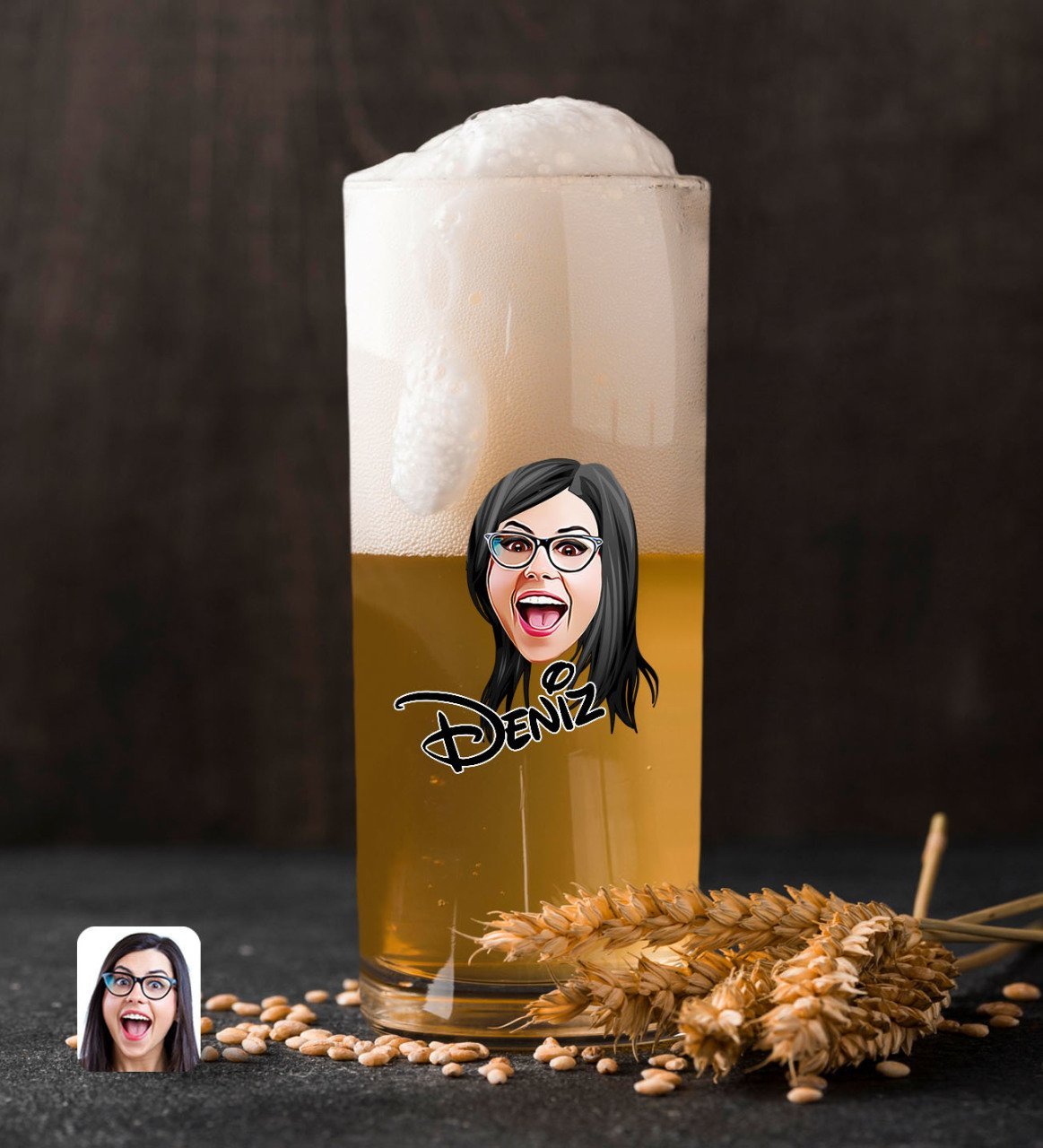 Kişiye Özel Kadın Yüz Karikatürlü Renkli Baskılı Hiball Bira Bardağı-2
