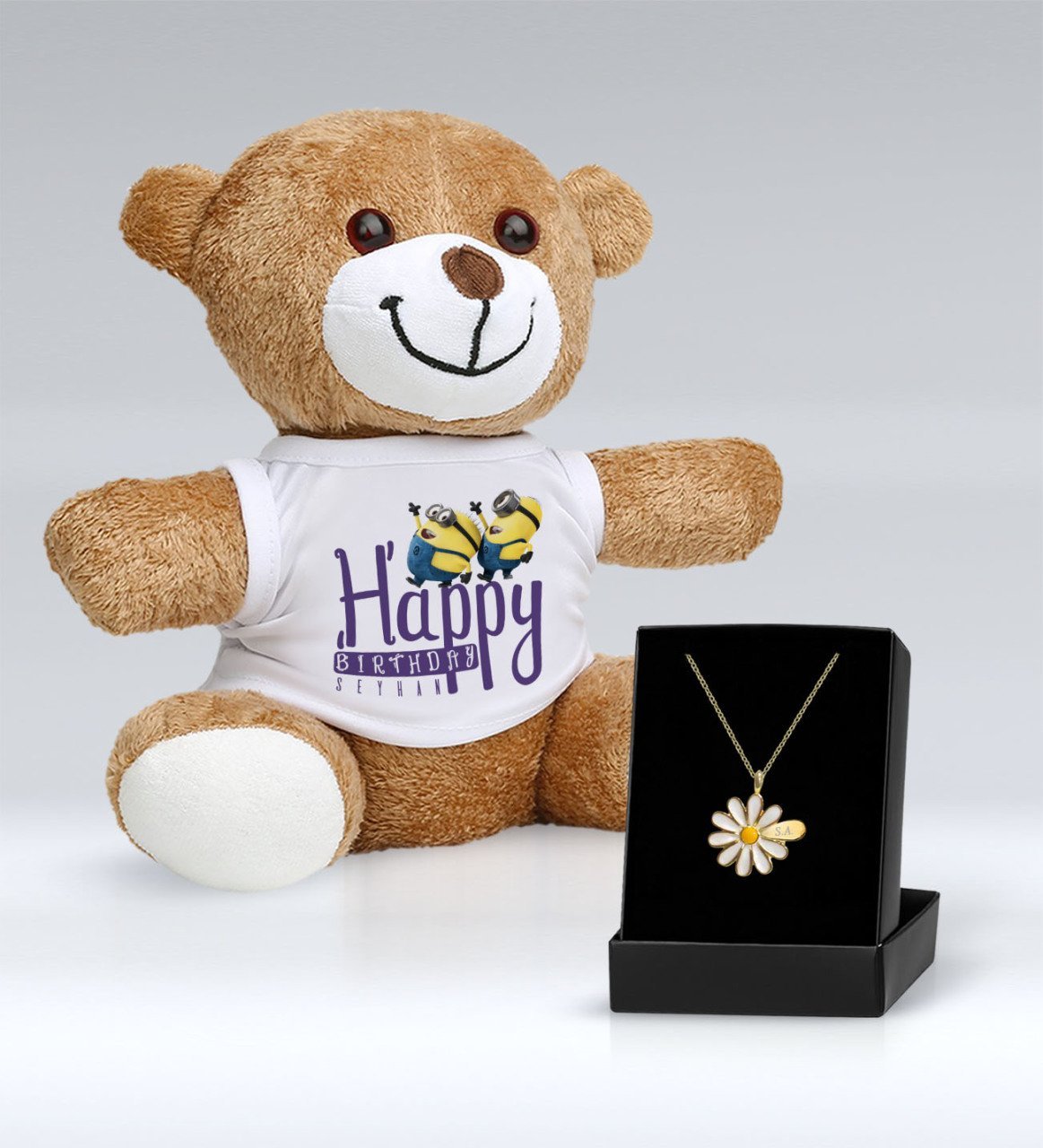 Kişiye Özel İsimli Papatya Kolye ve Happy Birthday Peluş Ayıcık Hediye Seti-5