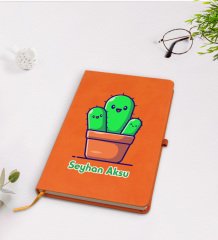 Kişiye Özel Kaktüs Tasarımlı Turuncu Termo Deri Defter Model 3