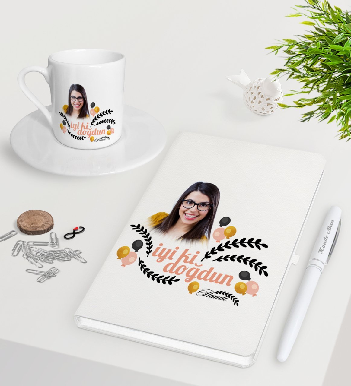 Kişiye Özel Fotoğraflı Doğum Günü Beyaz Defter Kalem Türk Kahvesi Fincanı Seti-9