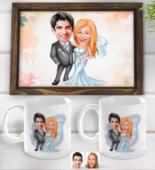 Kişiye Özel Evleniyoruz Karikatürlü Doğal Ahşap Tepsi ve 2’li Kupa Bardak Seti-5