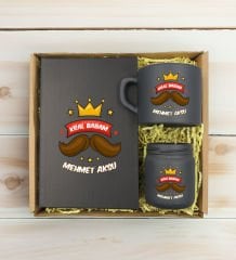 BK Gift Kişiye Özel İsimli DTF Baba Temalı Antrasit Defter & Kahve Fincanı & Mum Hediye Seti-3, Babaya Hediye, Babalar Günü Hediyeleri