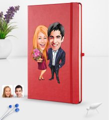 Kişiye Özel Sevgililer Karikatürlü Karikatürlü Kırmızı Termo Deri Defter 16x24cm Model 94