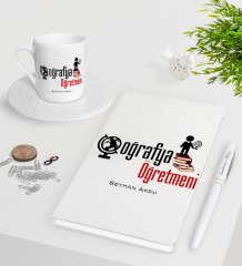 Kişiye Özel Coğrafya Öğretmeni Beyaz Defter Kalem Türk Kahvesi Fincanı Seti-2
