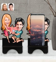 Kişiye Özel Sevgililer Karikatürlü Ahşap Biblo Telefon Standı-19