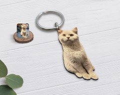 Kişiye Özel Evcil Dost Kedi Ahşap Anahtarlık