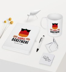 Kişiye Özel Almanca Öğretmeni Temalı Beyaz Defter Kalem Kupa Ayna Seti - 1