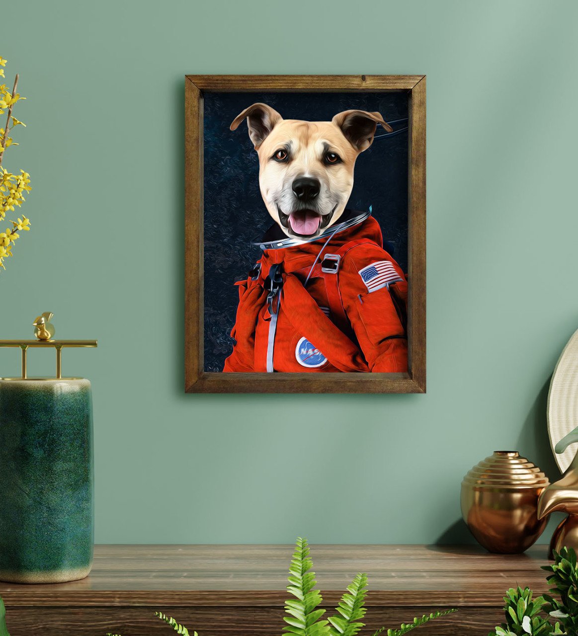 Evcil Dostlara Özel Astronot Tasarımlı Portre Doğal Masif Ahşap Çerçeveli Tablo 30x40cm-1