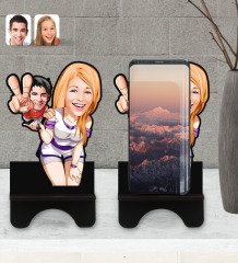 Kişiye Özel Sevgililer Karikatürlü Ahşap Biblo Telefon Standı-30