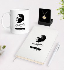 Kişiye Özel Atatürk Temalı Beyaz Kupa Defter Kalem ve İsimli Papatya Kolye Hediye Seti-4