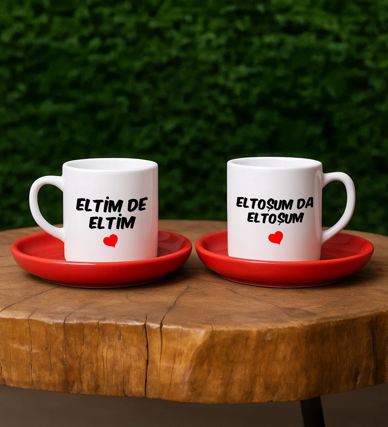 BK Gift Kişiye Özel Eltim de ELTİM - Eltoşum da ELTOŞUM Tasarımlı 2'li Kırmızı Tabaklı Türk Kahvesi Fincan Takımı-1