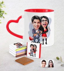 Kişiye Özel Sevgililer Karikatürlü Kırmızı Kalpli Kupa ve Çikolata Seti-1