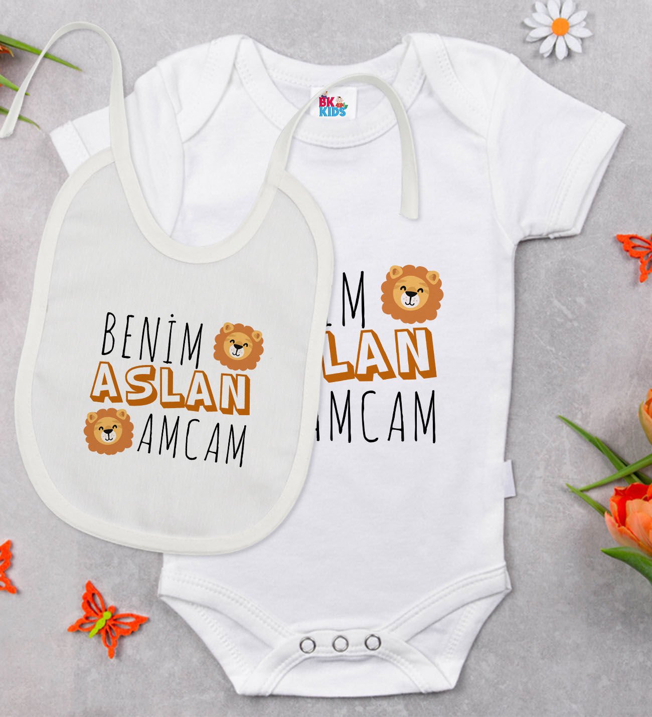 BK Kids Aslan Amcam Tasarımlı Beyaz Bebek Body Zıbın ve Mama Önlüğü Hediye Seti-1