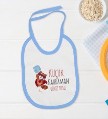 BK Kids Kişiye Özel Küçük Kahraman Tasarımlı Mavi Bebek Body Zıbın ve Mama Önlüğü Hediye Seti