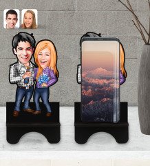 Kişiye Özel Sevgililer Karikatürlü Ahşap Biblo Telefon Standı-50