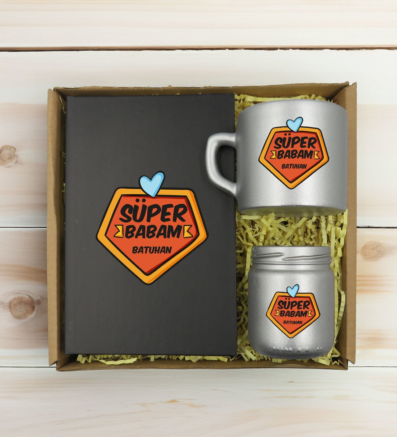 BK Gift Kişiye Özel İsimli DTF Baba Temalı Antrasit Defter & Gümüş Kahve Fincanı & Mum Hediye Seti-1, Babaya Hediye, Babalar Günü Hediyeleri