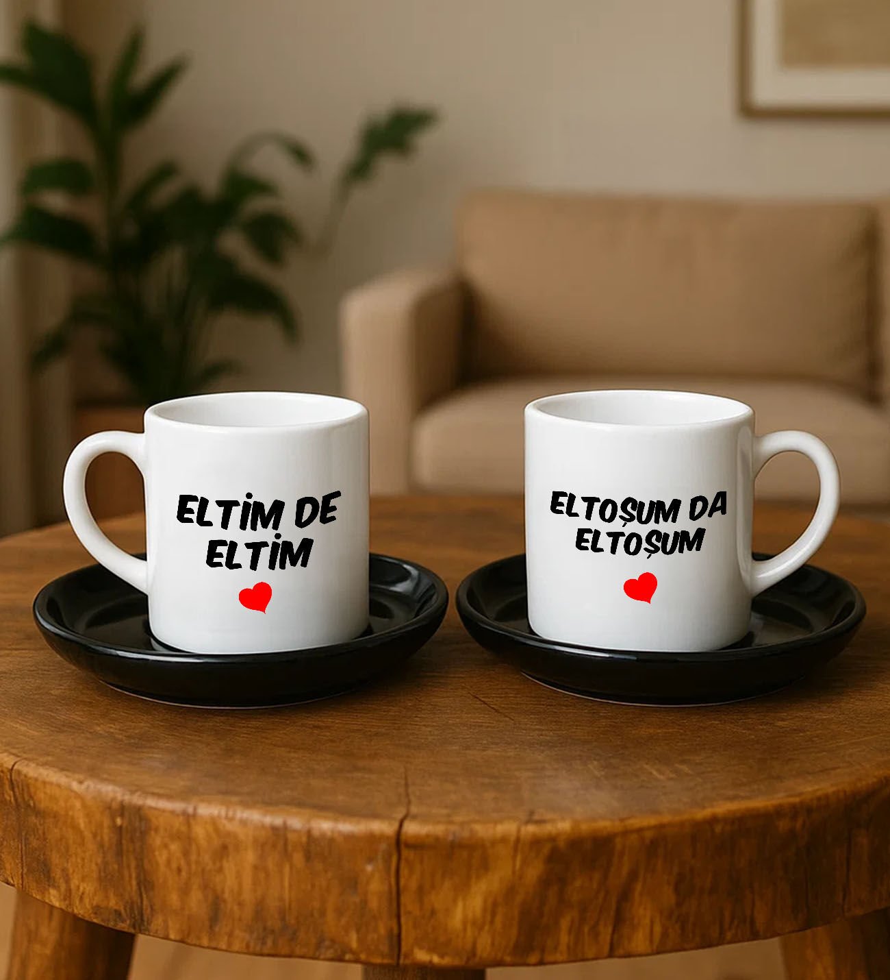 BK Gift Kişiye Özel Eltim de ELTİM - Eltoşum da ELTOŞUM Tasarımlı 2'li Siyah Tabaklı Türk Kahvesi Fincan Takımı-1