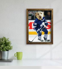 Evcil Dostlara Özel Buz Hokeyi Oyuncusu Tasarımlı Portre Doğal Masif Ahşap Çerçeveli Tablo 30x40cm-1
